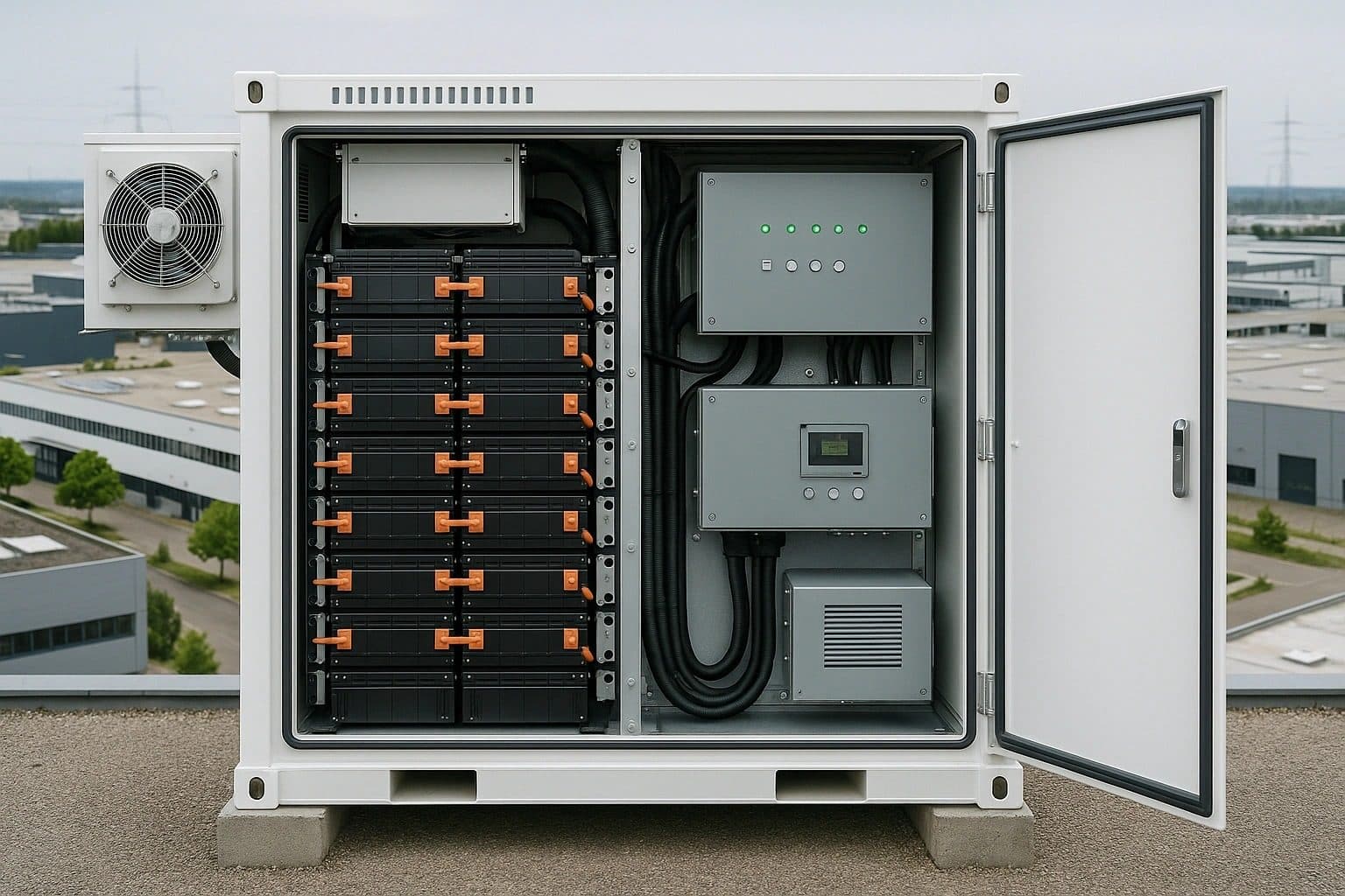 An open battery energy storage cabinet showing the modules and controls inside